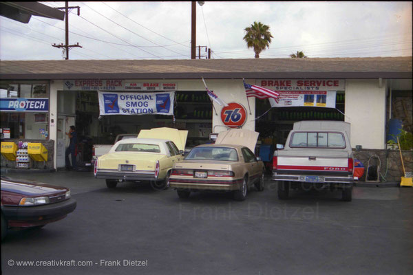 Official Smog Station/Car Check, Cadillac Eldorado, Pontiac, Ford, Toyota at 76 gas station 603 S Sepulveda Blvd or N Pacific Coast Hwy/E Mariposa Ave, El Segundo, Los Angeles, California 90245, June 1990