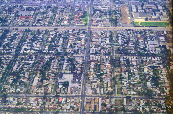 Los Angeles, California, PAN AM/Pan American flight, vicinity streets, arena aerial view, 6/1990
