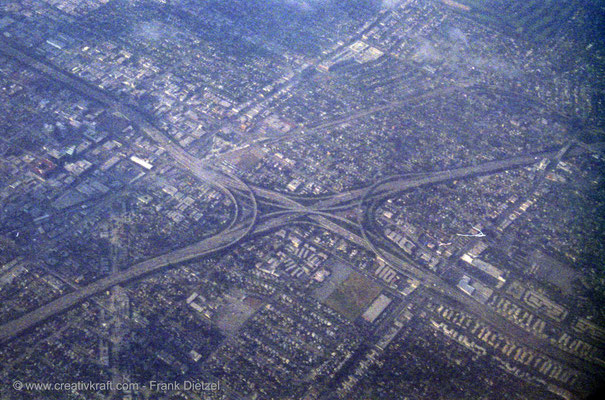 Los Angeles, California, PAN AM/Pan American flight, freeway aerial view, 6/1990