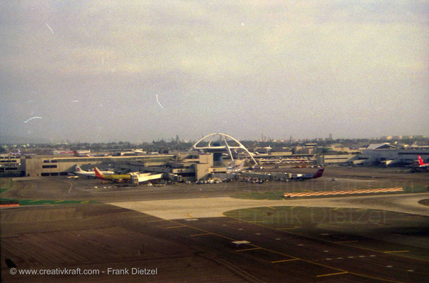 Los Angeles, California, PAN AM/Pan American flight, International Airport LAX tower aerial view, 6/1990