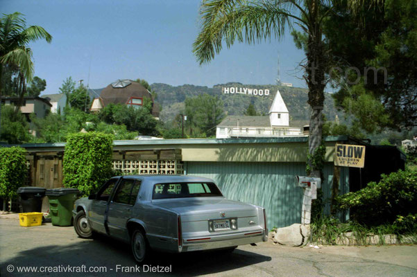 View to Hollywood Sign and house 3158 Durand Dr, 1992 Cadillac Sedan DeVille, 3096 Durand Dr, Hollywoodland, Los Angeles, California 90068, 4/1993