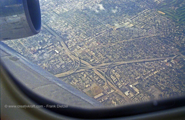 Los Angeles, California, PAN AM/Pan American flight aircraft, freeway aerial view, 6/1990