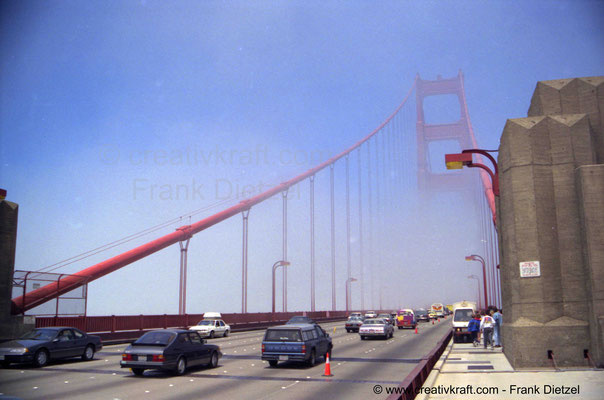 Golden Gate Bridge in fog, sidewalk, Shoreline Hwy, Presidio, San Francisco, CA, 94129
