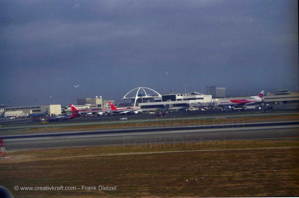 Los Angeles, California, PAN AM/Pan American flight, International Airport LAX tower aerial view, 6/1990