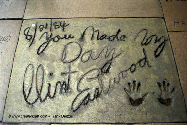 Handprints of Clint Eastwood "You made my day" 8/21/84 in concrete, Walk of Fame, TCL Grauman´s Chinese Theatre, 6925 Hollywood Blvd/N Orange Dr, Hollywood, Los Angeles, California 90028, 6/1990