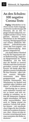 16.09.2020 - An den Schulen: 100 negative Corona-Tests - pnp