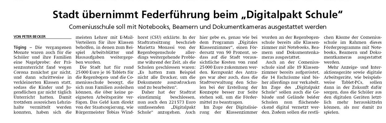 03.08.2020 - Stadt übernimmt Federführung beim Digitalpakt Schule - ovb