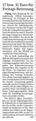 23.07.2022 - 15 bzw. 30 Euro für Freitags-Betreuung - pnp