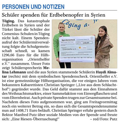 17.02.2023 - Schüler spenden für Erdbebenopfer in Syrien - pnp