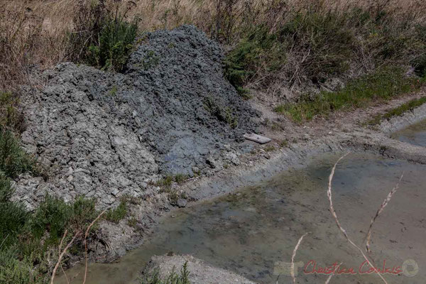 Curetage de l'argile par le saunier. Marais salants de l'Île de Noirmoutier entre l'Epine et Noimoutier en l'Île, Vendée, Pays de la Loire