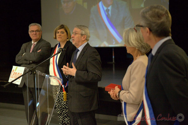 Jean-Marie Darmian, Catherine Veyssy, Jean-Michel Bédécarrax, Simone Ferrer, Gérard Pointet; Honorariat des anciens Maires de Cénac, vendredi 3 avril 2015