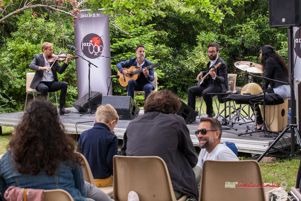 Nicolas Saez Quartet : Nicolas Frossard, Nicolas Saez, Julien Cridelause, Sabrina Romero; Festival JAZZ360, Château Duplessy, Cénac. Lundi 10 juin 2019