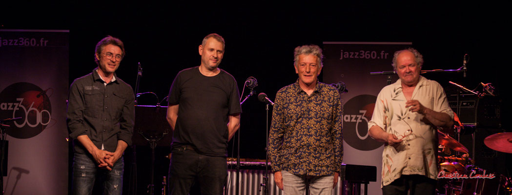 Xavier Duprat, Régis Lahontâa, Pierre Thibaud, Christian Paboeuf ; Christian Paboeuf Quartet. Festival JAZZ360 2021, Cénac, samedi 5 juin 2021. Photographie © Christian Coulais