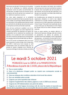 Tract syndical C.G.T. page 2, manifestation du mardi 5 octobre 2021