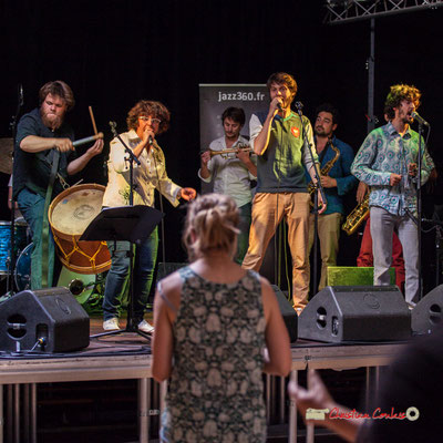 Louis Lubat, Rita Macedo, Paolo Chatet, Tanguy Bernard, Mathis Polack, Jaime Chao; le Parti Collectif. Festival JAZZ360 2019, Latresne, 09/06/2019