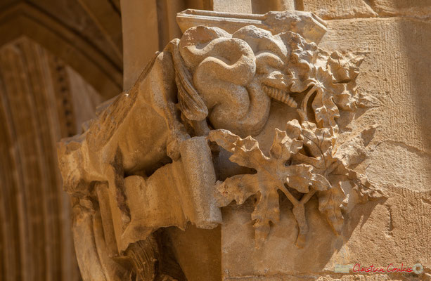 Détail d'un chapiteau, Sanctuaire-Forteresse de Santa María de Ujué, Navarre / Detalle de una castidad tallada, Santuario-Fortaleza de Santa María de Ujué, Navarra