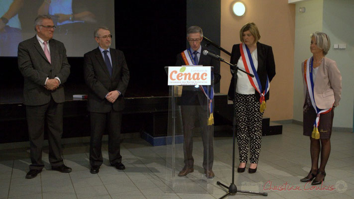 Jean-Marie Darmian, Vice-président du Conseil départemental; Jean-Michel Bédécarrax, Secrétaire général de la Préfecture de la Gironde; Gérard Pointet, Catherine Vessy, SimoneFerrer, Maires de Cénac, vendredi 3 avril 2015