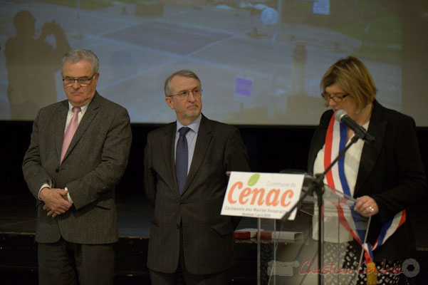 Jean-Marie Darmian; Jean-Michel Bédécarrax; Catherine Veyssy, Maire de Cénac, Vice-présidente du Conseil régional d'Aquitaine. Honorariat de Simone Ferrer et Gérard Pointet, anciens Maires de Cénac, vendredi 3 avril 2015