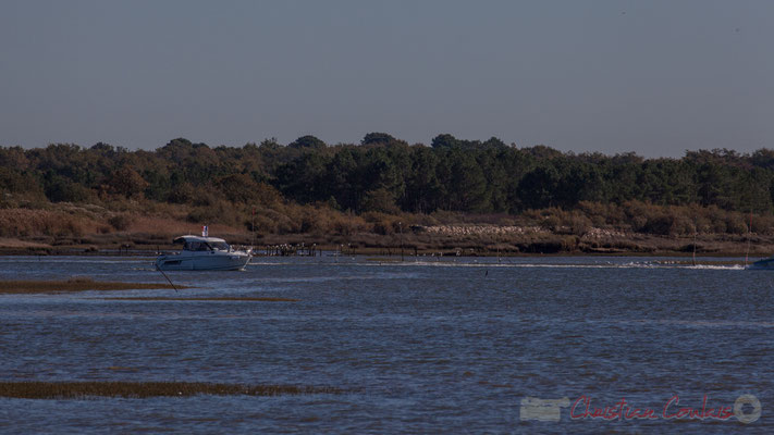 Sortie d'un bateau du port d'Audenge. Domaine de Graveyron, Audenge