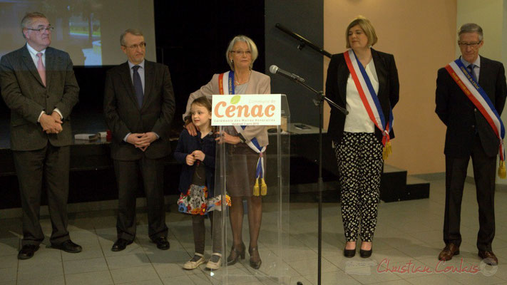 Allocution de Simone Ferrer, en présence de Jean-Marie Darmian, Jean-Michle Bédécarrax, sa petite-fille, Catherine Veyssy, Gérard Pointet; Honorariat des anciens Maires de Cénac, vendredi 3 avril 2015