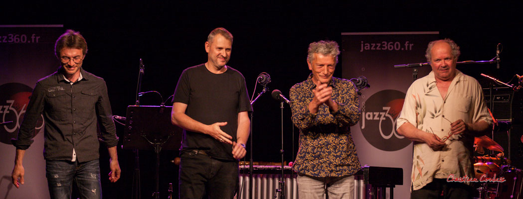 Xavier Duprat, Régis Lahontâa, Pierre Thibaud, Christian Paboeuf ; Christian Paboeuf Quartet. Festival JAZZ360 2021, Cénac, samedi 5 juin 2021. Photographie © Christian Coulais