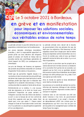 Tract syndical C.G.T. page 1, manifestation du mardi 5 octobre 2021