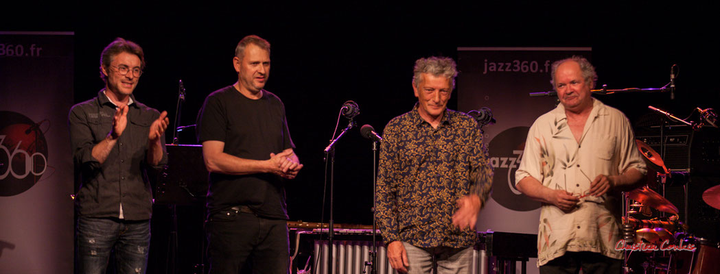 Xavier Duprat, Régis Lahontâa, Pierre Thibaud, Christian Paboeuf ; Christian Paboeuf Quartet. Festival JAZZ360 2021, Cénac, samedi 5 juin 2021. Photographie © Christian Coulais