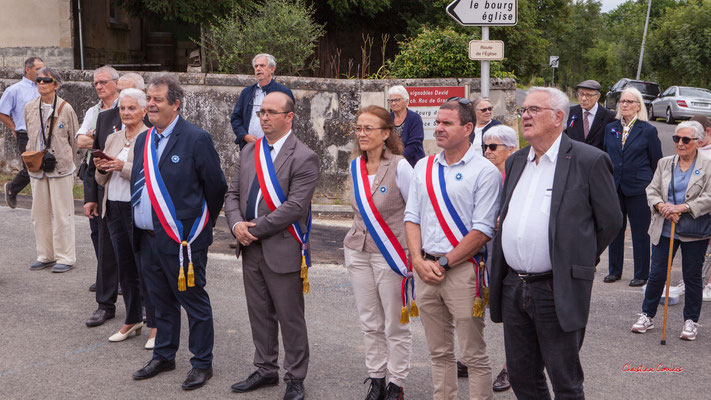 Quatre-vingtième anniversaire du Souvenir et de la Mémoire de la Résistance, stèle de Mauriac, Daniel Barbe, Christophe Miqueu, Mathilde Feld, Stéphane Denoyelle, Jean-Marie Darmian, 14 juillet 2024. Photographie © Christian Coulais