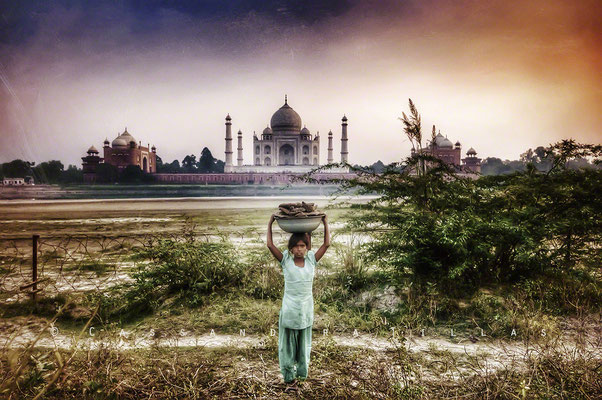 The Moonlight Garden, across the Yamuna river from the Taj Mahal, offers beautiful sunset views of the tomb built for a princess. Then this girl walked by, having been collecting dried cow dung in the fields to use for burning fuel at home in her slum.