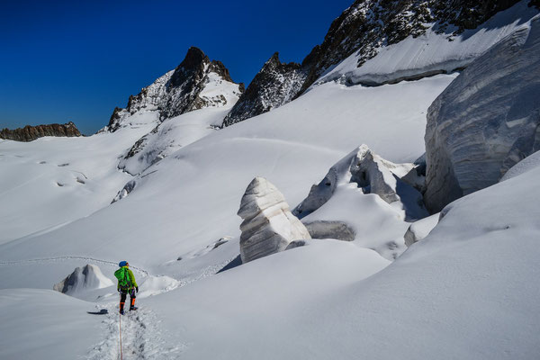 Delphine fait face à quelques séracs du glacier du Pic de la Grave dans les Ecrins (Alpes)