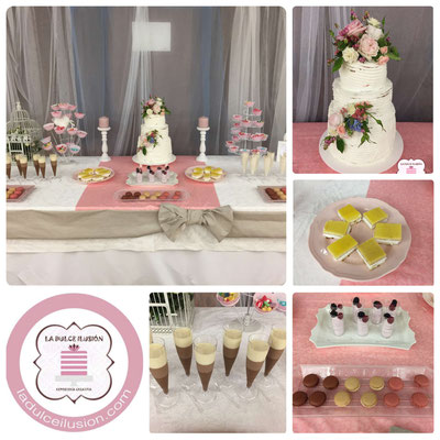 Mesa dulce boda estilo rustico en Cartagena. Candy bar boda rustica en Cartagena. Tarta de boda con flores, decoracion rustica, cupcakes, cakepops, cookies, bagel, golosinas, decoracion floral. La dulce ilsuion