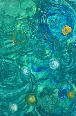 Bild 100: Universum18_Klangraum-waldgrün-efeugrün-gelb, Mischtechnik, 70x100