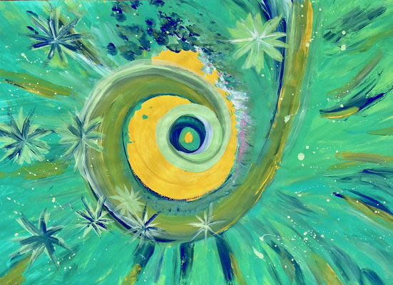 Bild 185: Spiralen04_smaraggrün-gelb, Tempera, 70x100