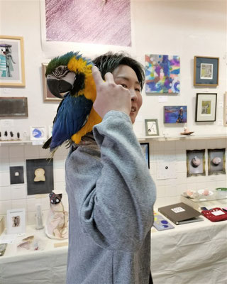 4/19（土）T君の娘はインコに夢中（Fb画像から）