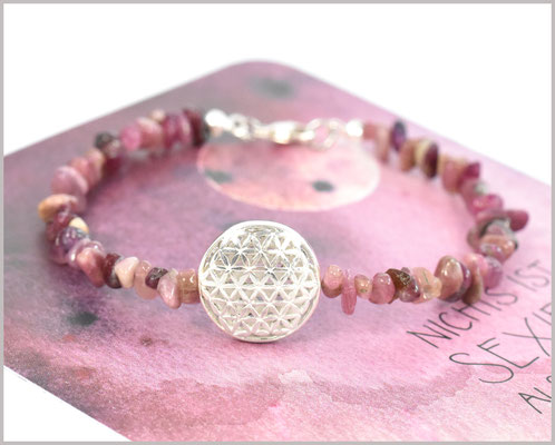 Edelsteinarmband mit Turmalin Chips rosa und Blume des Lebens