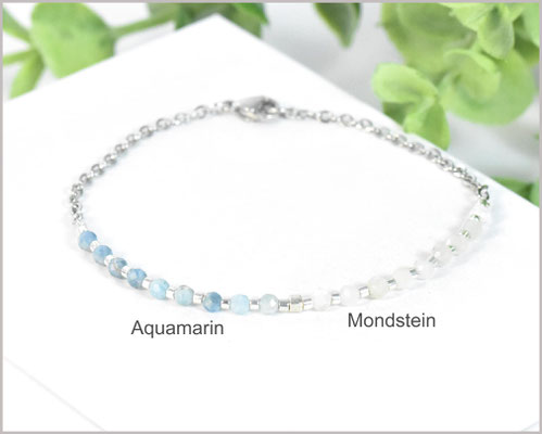 Edelsteinarmband mit 3 mm Aquamarin & Mondstein 