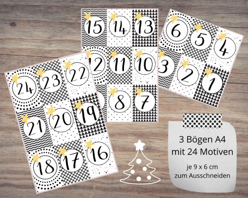 1 SET DIY Adventskalender besteht je aus: 24 Papiertüten Flach, hergestellt aus starkem 36g/m² Kraftpapier, Größe 12 cm x 18 cm,3 Bogen A4, 250 g weiß, mit Zahlen Druck zum Ausschneiden, 24 Mini-Holzklammern, Motiv 7