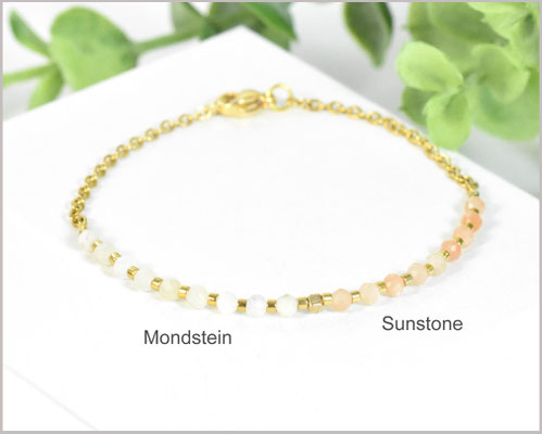 Sunstone / Sonnenstein & Mondstein Edelstein Armband 3 mm mit Edelstahl