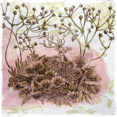 L'îlot, encre sepia et acrylique sur lambeau de papier peint / sepia ink and acrylic on vintage wallpaper piece