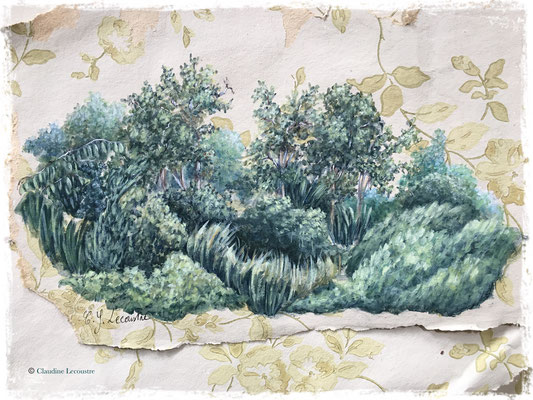 Walden, acrylique sur lambeaux de papier peint ancien / acrylic on vintage wallpaper pieces 