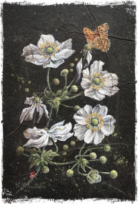 Anémones du Japon blanches et papillon, acrylique / acrylic