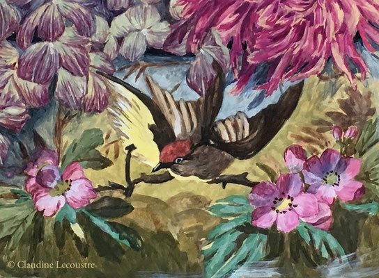Dahlias, hydrangeas et papillons (détail), gouache et/and pastel