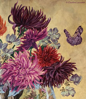 Dahlias, hydrangeas et papillons (details), gouache et/and pastel