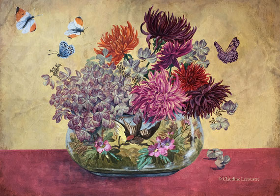 Dahlias, hydrangeas et papillons, gouache et/and pastel