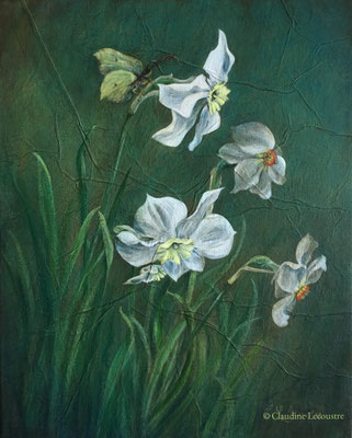 Narcisses et papillon citron, acrylique / acrylic