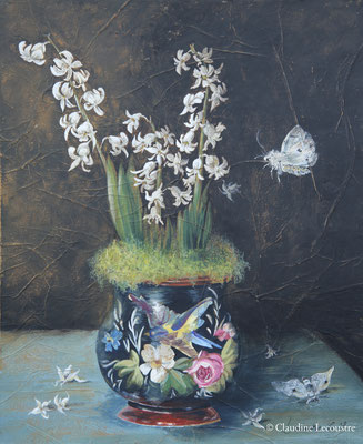 Jacinthe blanche et papillons de nuit / White hyacinth and moths, gouache