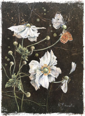 Anémones et papillons, acrylique et pastel sec / acrylic and dry pastel