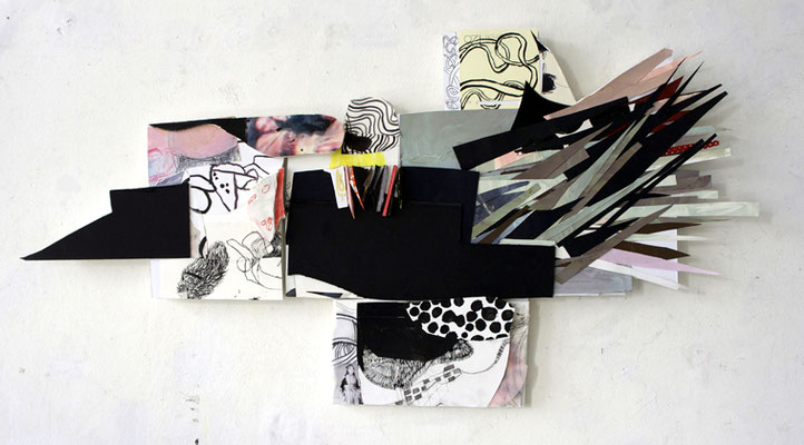 o.T., Relief-Collage, Karton, Papier, Tusche, Foto, 42 x 83 x 4 cm, 2020