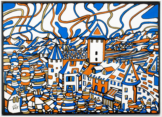 Veronika Spleiss "The Swiss town" 2021, 50x70 cm, Acrylic on canvas, Private Collection Switzerland