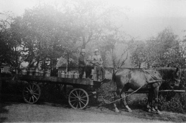 Der Asper Milchwagen. Im Hintergrund das Haus von Wilh. Siems.  Aufnahme 1918
